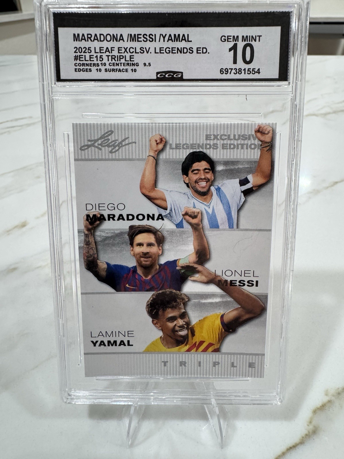 2025 Leaf Exclusive Legends Editon Triple Maradona,Messi,Yamal Grade 10 Gem Mint view 1