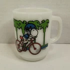 Vintage Anchor Hocking SNOOPY - PEDAL POWER Bicycle Milk Glass MUG Cup Peanuts