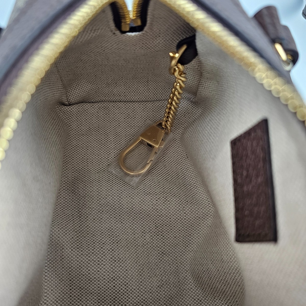 GUCCI Ophidia Mini Boston $1590 Beige/Ebony GG Canvas Top Handle