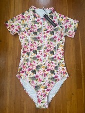 NWT $120 Catherine Maladrino Short Sl Rash Guard Swimsuit Padded Zip Up L Floral