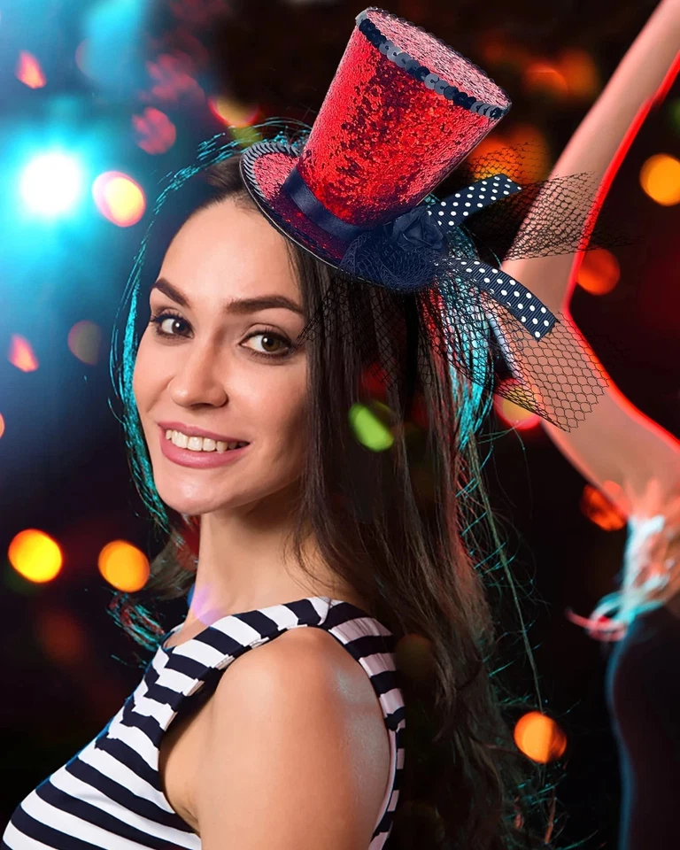 Mini sombrero de copa en diadema lentejuelas rojas con velo Foto 4 de 4