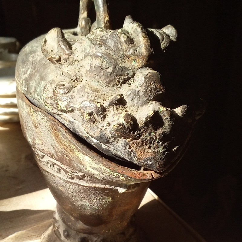 Chinese Bronze Tripod Incense Burner Censer w/ Foo Dog Lid, Handle