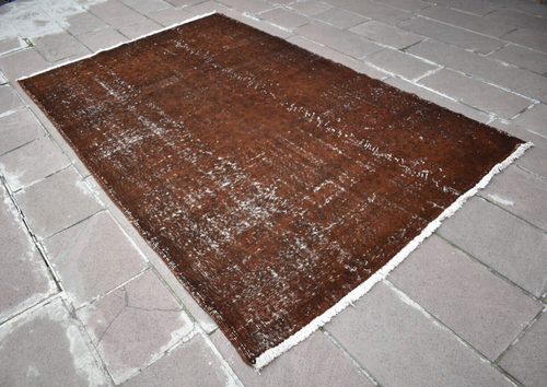 Turkish Brown Rug 66'' x 107'' Vintage Anatolian Over Dyed Rug Painted Area Rug - Picture 3 of 15