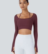  55 Halara Ribbed Halter Strap Thumb Hole Cropped Yoga Sports Top size XL m3