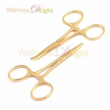 2 Pcs 3-1/2 Inch Straight & Curved Tip Gold Colored Hemostat Locking Plier 