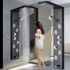 Black Rain Shower Panel Tower LED Waterfall Massage System Body Jets Tub Spout