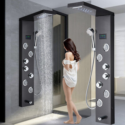 Black Rain Shower Panel Tower LED Waterfall Massage System Body Jets Tub Spout