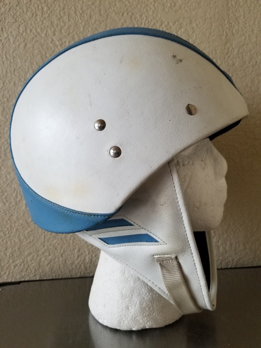 RARE! Vintage 1968 LEATHER Motorcycle HELMET White/Blue