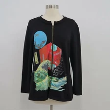 Citron Cardigan Sweater Jacket Silk Womens L Large Black Full Zip Santa Monica