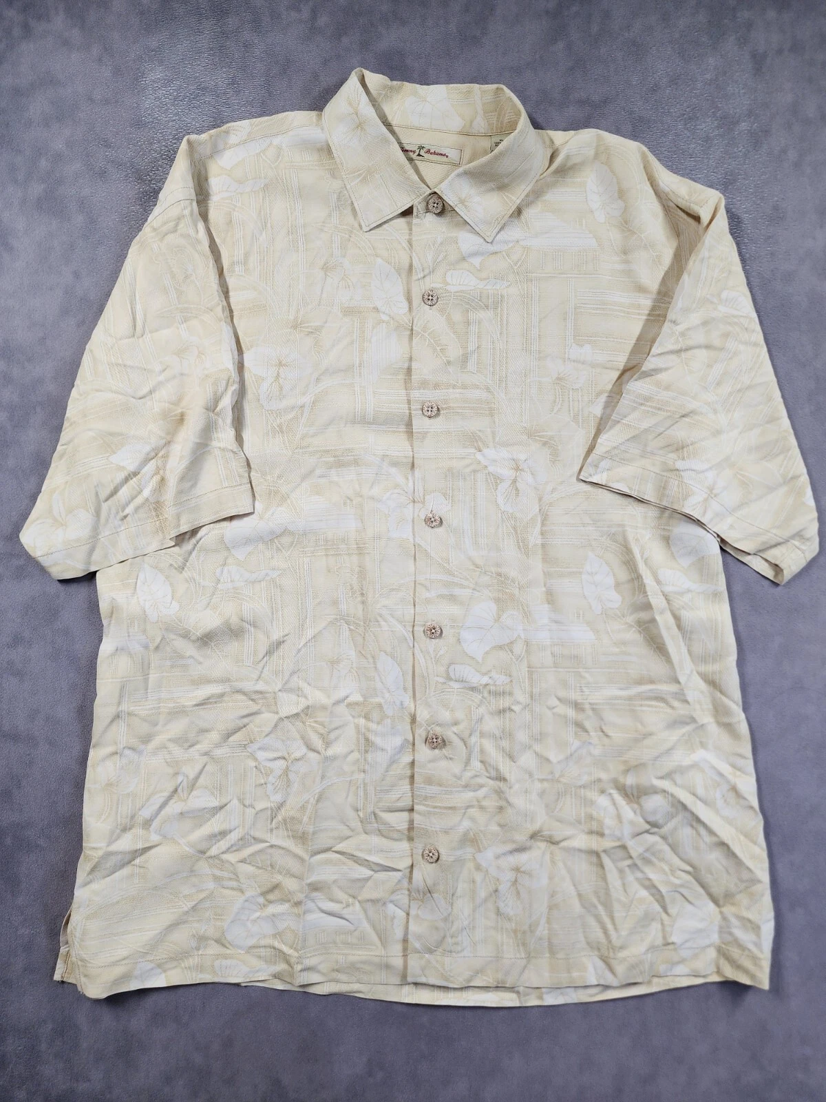 Tommy Bahama Shirt Men's XL Beige 100% Silk Tropical Print Short Sleeve Hawaiian