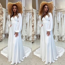 Beach Chiffon Wedding Dresses Sexy V Neck Long Sleeves Sweep Train Bridal Gowns