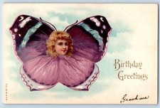 Birthday Postcard Greetings Butterfly Pretty Little Girl Head c1905 Antique