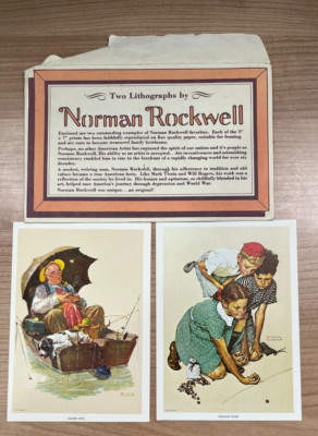 Norman Rockwell - Two Lithographs Knuckles Down & Golden Days 5''x7'' 1972 America
