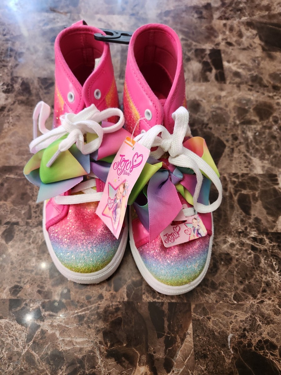 JoJo Siwa Shoes Multi-Stripe Girls High Top Sneakers rainbow sparkle size