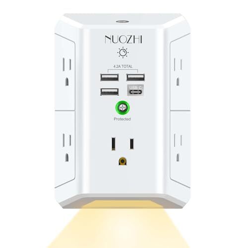 Surge Protector Power Strip, USB Wall Charger with Night Light, 5-Outlet Exte...