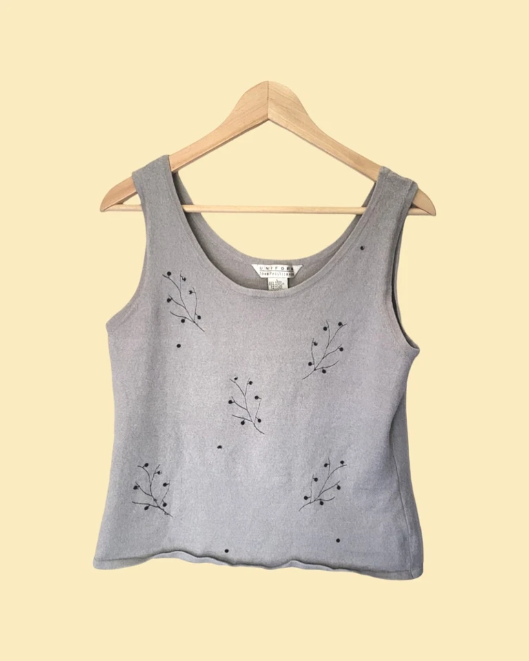 Camiseta sin mangas tejida gris con cuello redondo de lentejuelas bordadas para mujer M de colección años 90 Foto 2 de 4