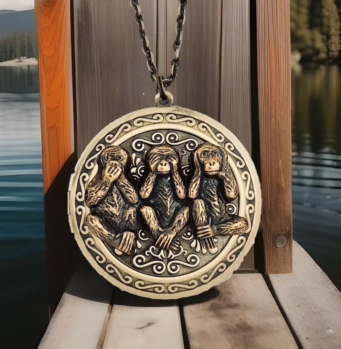 3 Wise Monkey Locket Necklace, Vtg Antique Brass, Speak No