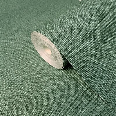 Contemporary Rustic Green plain faux fabric vinyl non woven textured Wallpaper