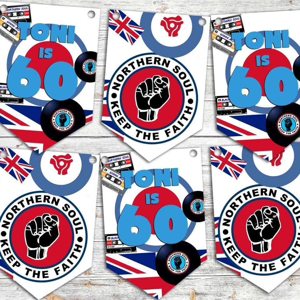 CREATION ART Personalised northern soul Birthday Bunting, Decor, Mods , Quadrophenia