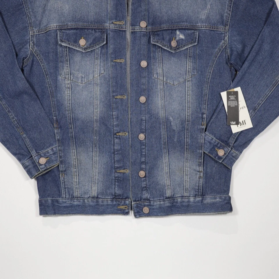 YMI Women’s Distressed Oversized Denim Jacket Blue Long Sleeve Button Up Size S - Image 3 of 4