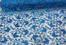 Turquoise Butterfly Sequin Lace 3D Embroidered Floral Mesh Couture Beaded Fabric