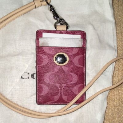 Coach Bordeaux Tan PEY C Lanyard ID Holder F66799 Coated Canvas Leather
