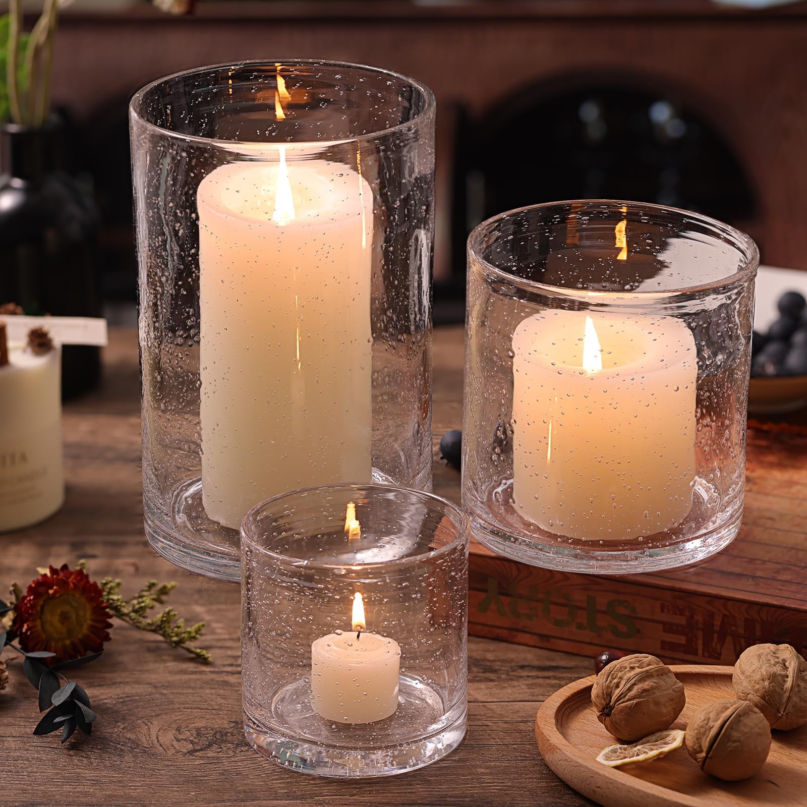 Set Of 3 Clear Candle Holders For Pillar Candles, See...