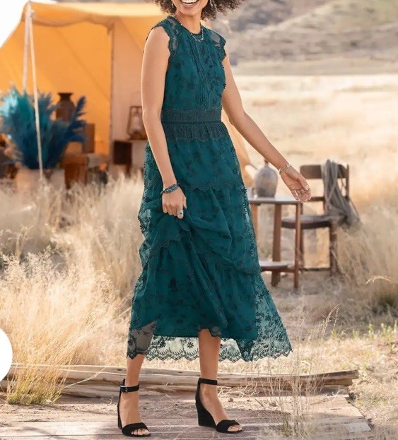 NEW Sundance Catalog Loren Lace Teal Green Tiered Flutter Sleeve Dress Womens 12