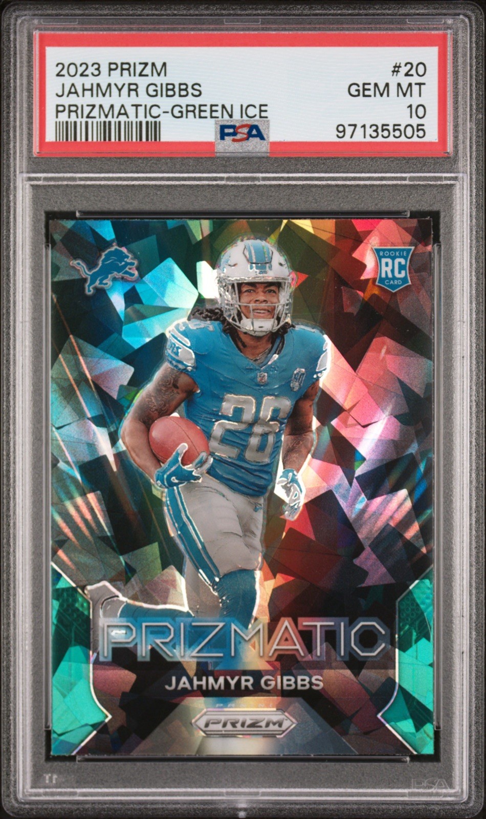 2023 Panini Prizm - Prizmatic Jahmyr Gibbs #20 Green Ice Prizm (RC) PSA 10