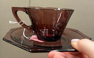 Amethyst Glass Cup & Saucer Set w/ Octagonal Saucer, 2-Piece