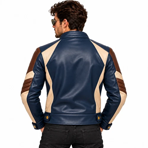 Mens Lambskin Leather Biker Jacket Navy Blue Brown Cream Cafe Racer Motorcycle image 2