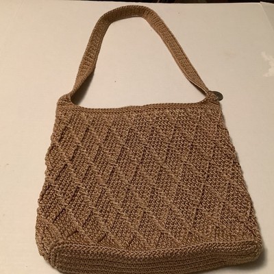 The Sak Crochet Tan Hobo Shoulder Bag Purse Zip Closure Inside Zip Bohemian Chic