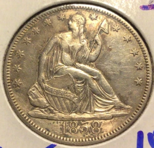 1858 Seated Liberty Silver Half Dollar, AU. J10
