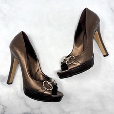 GUCCI Vintage Y2K Hollywood Horsebit Metallic Leather Platform Pump Heels Bronze