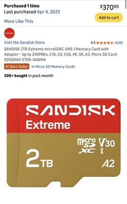SanDisk Extreme 2TB microSDXC UHS-I V30 High Speed 4K Ultra HD Memory Card