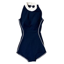 Vtg 50s 60 Jantzen Navy Blue White Piping High Neck Swimsuit 10 Switzerland Made