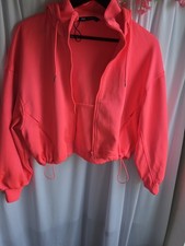 ZARA Pink Cropped Full Zip Hoodie Womens M Piqu Polyester Drawstring Pockets
