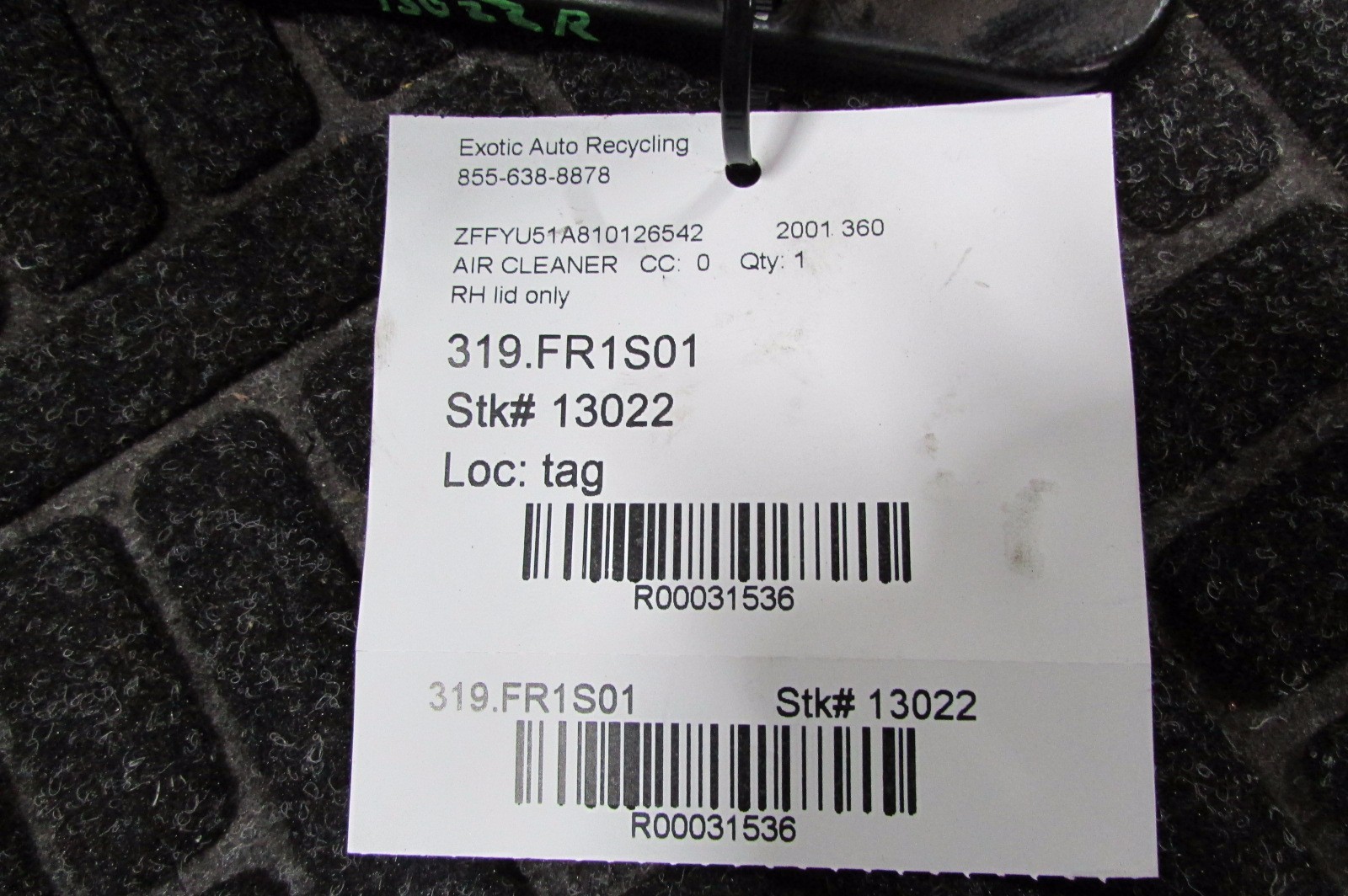 Ferrari 360, RH, Right Air Cleaner Lid, Used