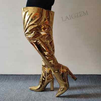Women Thigh High Boots Side Zip Thick High Heels Boots Shiny
