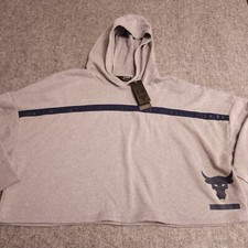 Under Armour Project Rock Hoodie Womens XL Grey Navy Boxy Cropped Sweatshirt