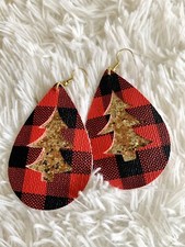 Christmas Faux Leather Earrings, Holidays Small Gift, Red Plaid Earrings.