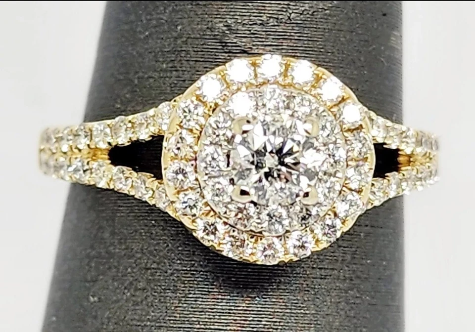 Anillo de compromiso Tolkowsky 1 ct corte redondo doble halo vástago dividido 14 k dos tonos Foto 2 de 4