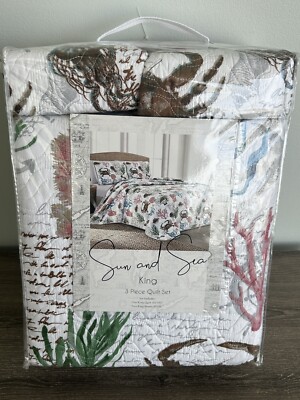 SUN and SEA 3 Piece KING Quilt Set. Seashells, Crab, Fish, Corals. NEW!
