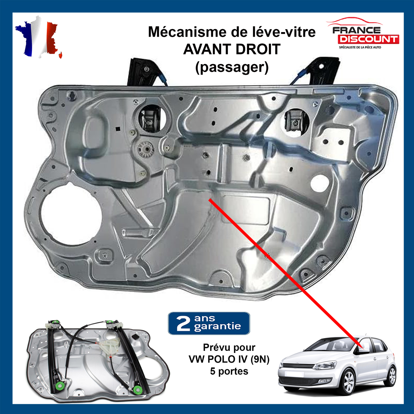 Lève-vitre électrique avant droit robuste en acier galvanisé pour Polo IV