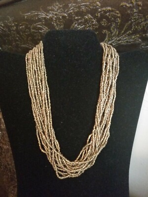 Vintage Root Beer Metallic Brown Tan Seed Bead Multi Strand Choker Necklace