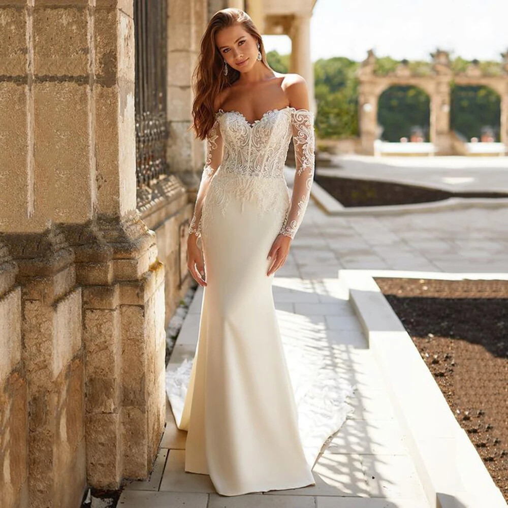 Lace Mermaid Wedding Dresses 3/4 Sleeve Applique Backless Buttons Bridal  Gowns