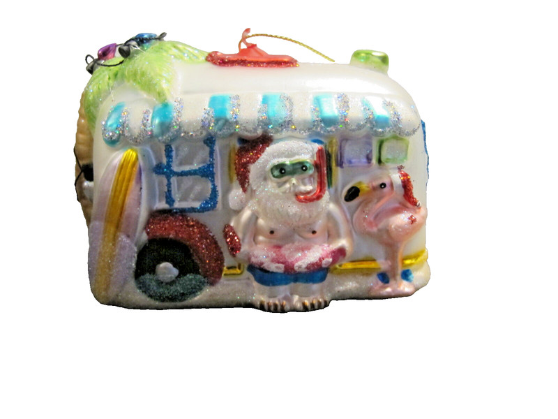 Santa Beach RV Airstream flamingo floatie surf board Glass Xmas Ornament Unique