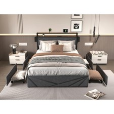 LED Queen Bed Frame Storage Headboard with Charging Station, Solid and Stable