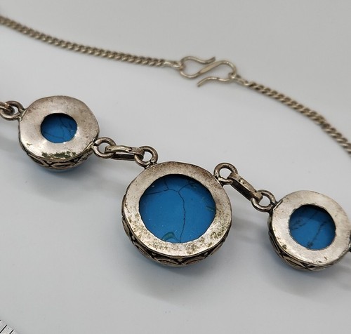Vtg Festoon Necklace Sterling Silver Block Turquoise Blue Stone - Picture 3 of 5