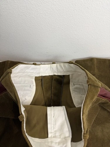 Vintage Orvis Mens Green Cotton Corduroy Flat Front  Leather Trim Pants 38 X 31 image 3
